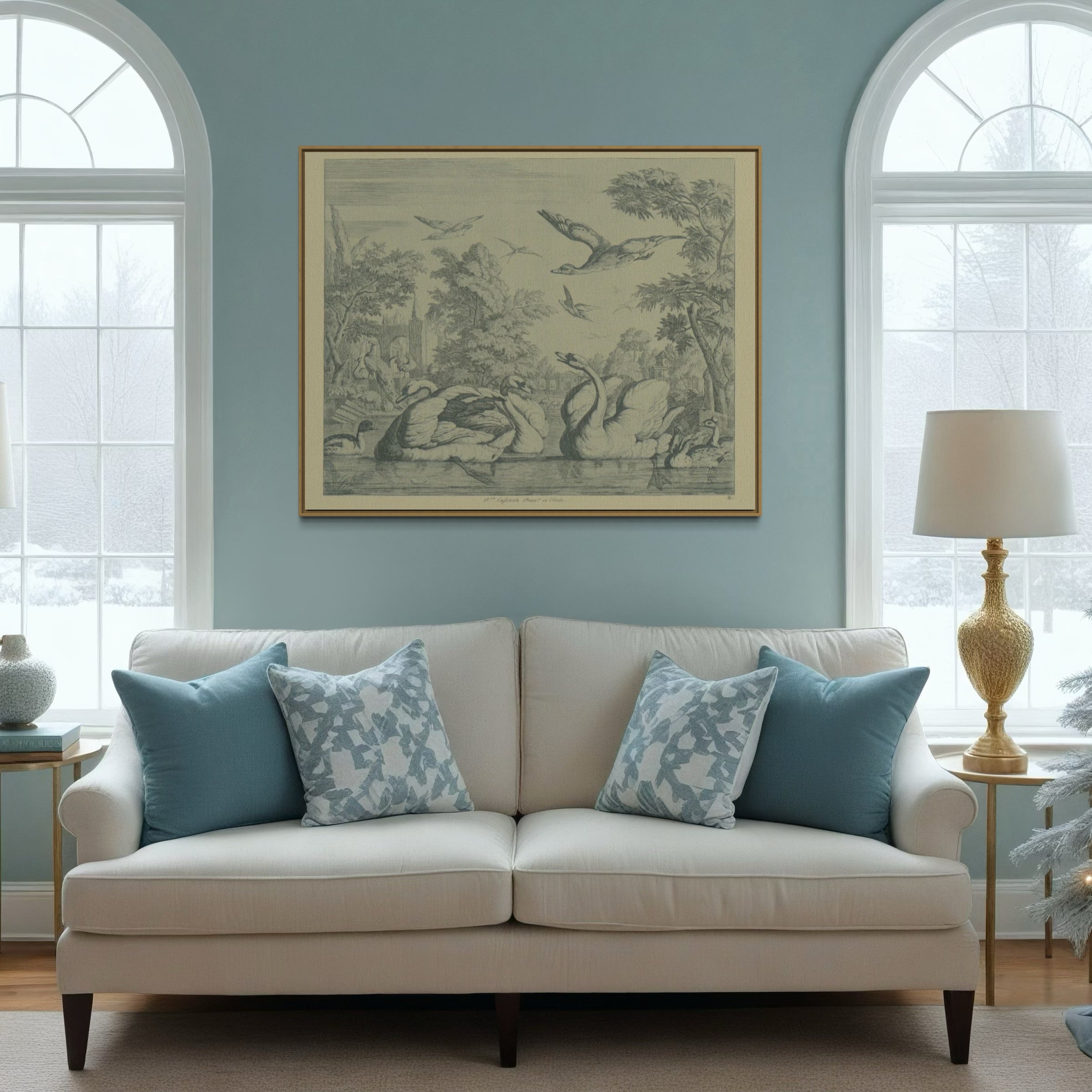 Swans in Toile Blue