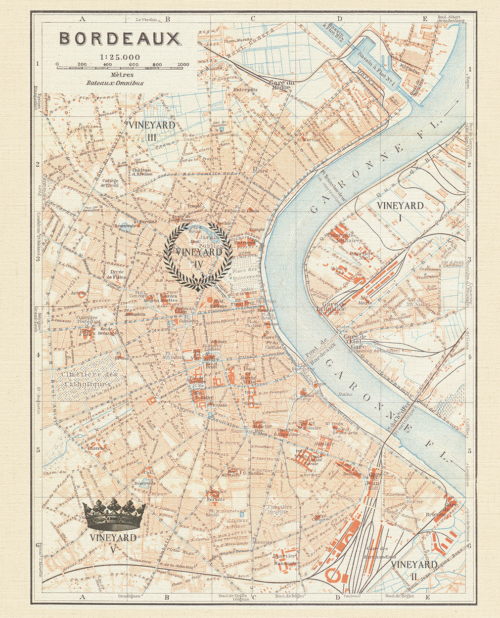 Bordeaux Map Vintage Crowns