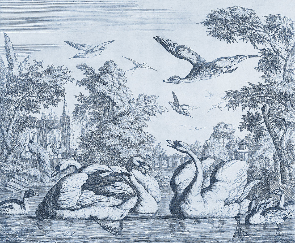 Swans in Toile Blue
